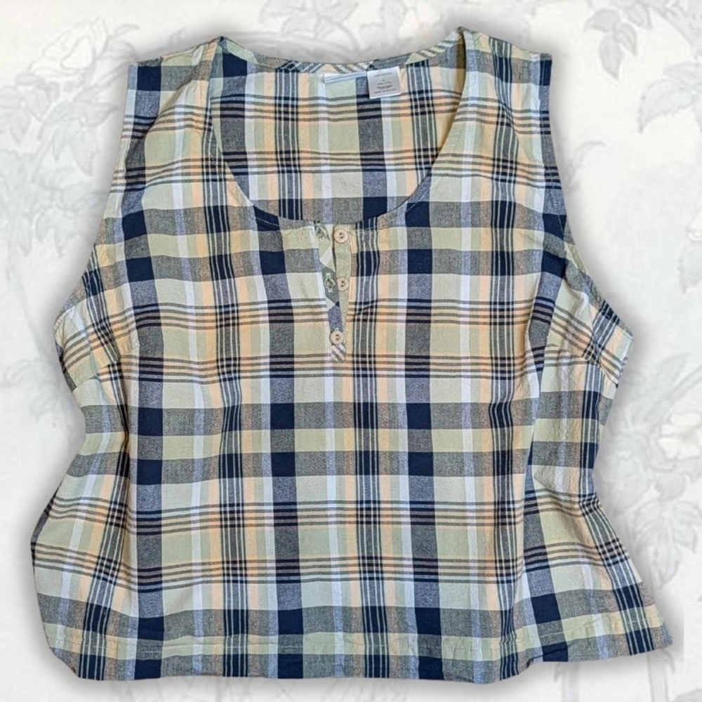 SOLD Cherokee Plaid Sleeveless Henley Tank - Navy, Cream & Sage